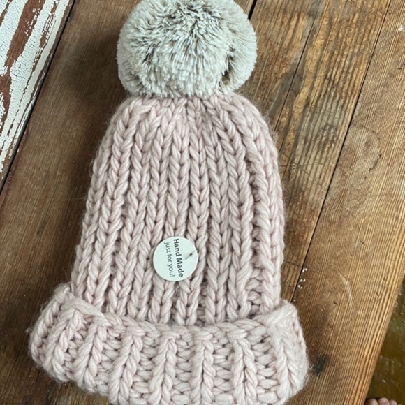Lemon Pink Chunky Hand Knit Pom Beanie - Picture 6 of 7